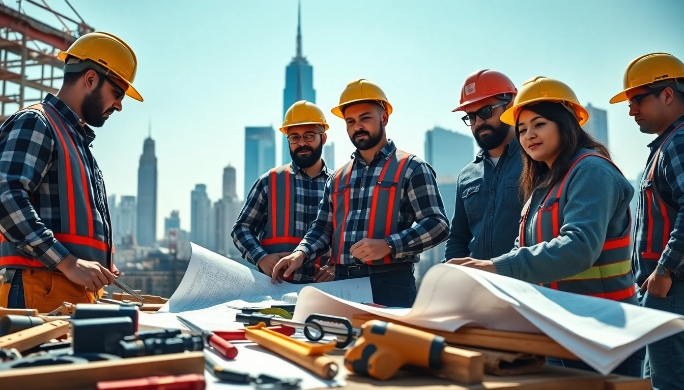 Team of workers led by a New York Commercial General Contractor on a busy construction site.
