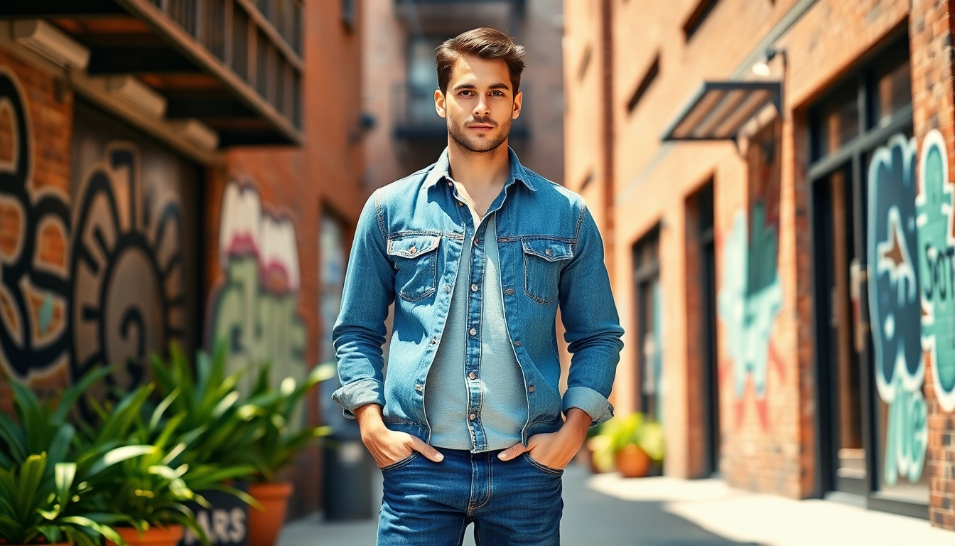 Showcasing mens modern fit jeans worn by a confident model in a vibrant downtown location.