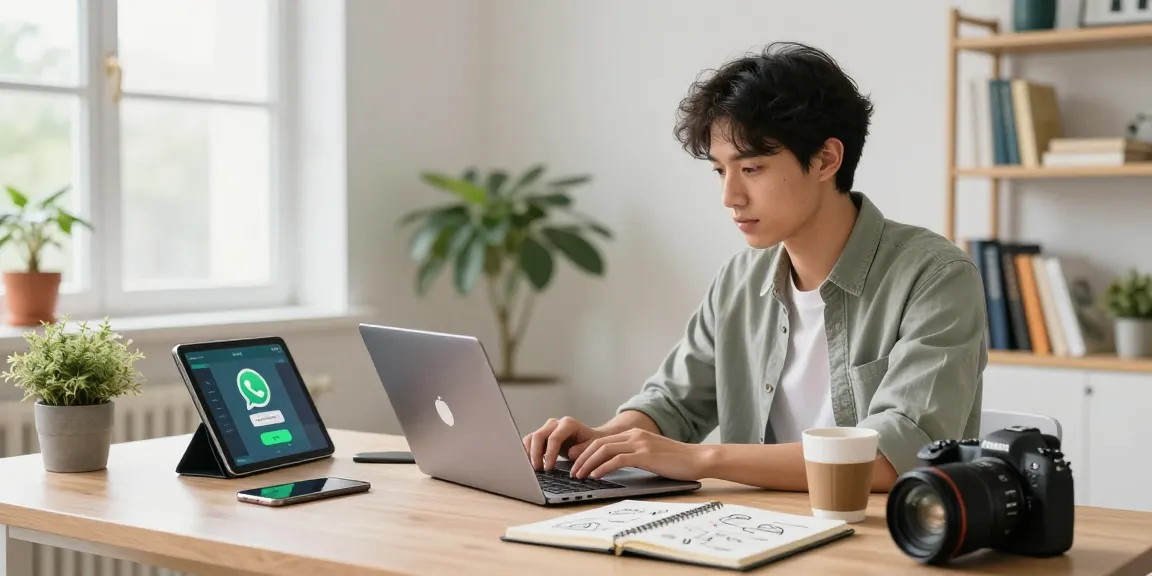 Creative professional exploring WhatsApp下載 features in a bright home office.
