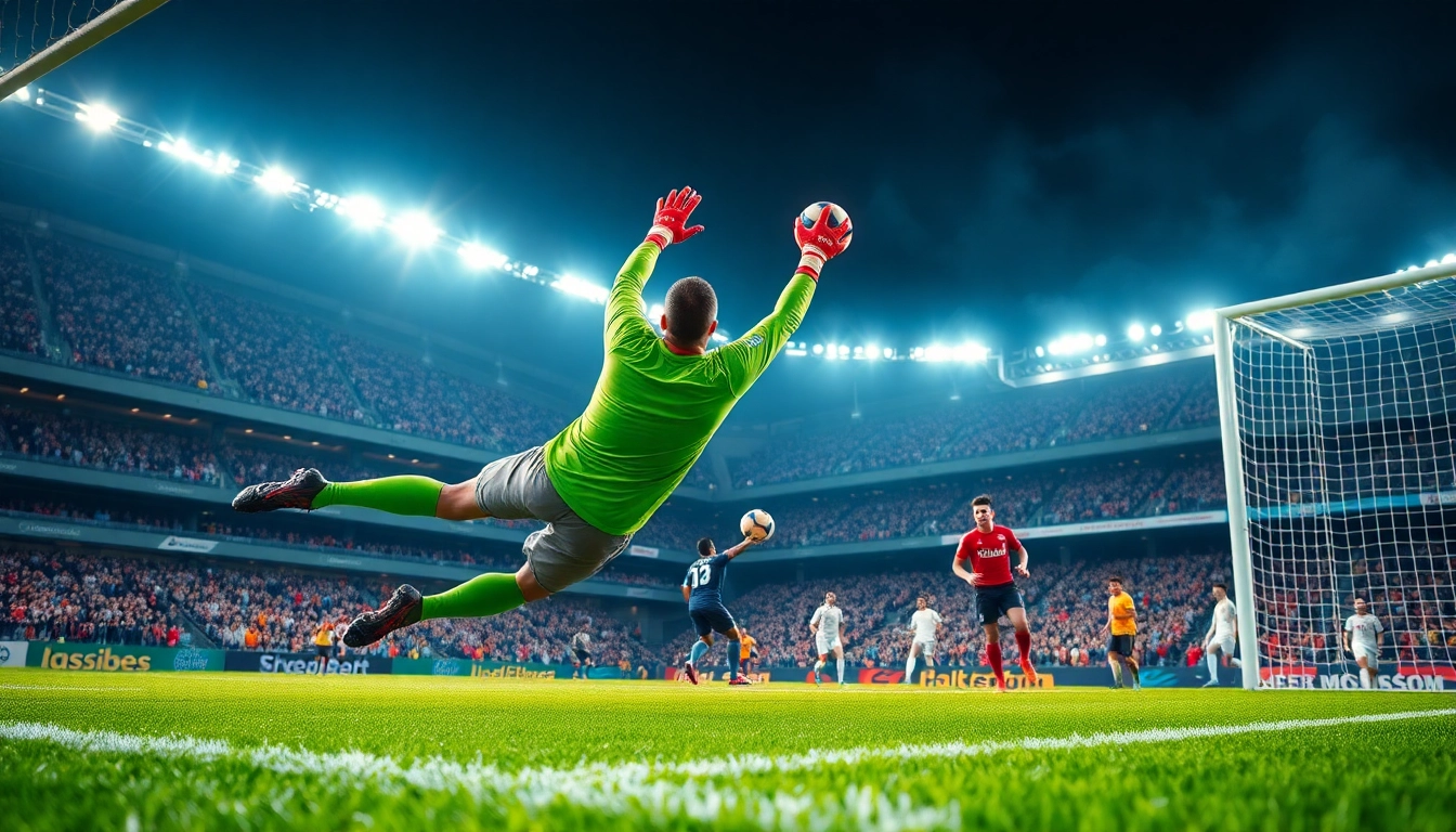 Goalkeeper making an impressive save in a thrilling soccer match: บอลวันนี