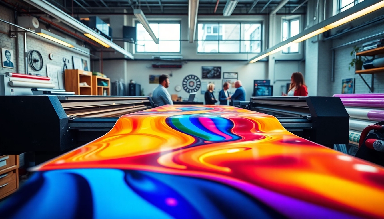Impresión de vinilos en un taller de impresión moderno con colores vibrantes y un equipo profesional.