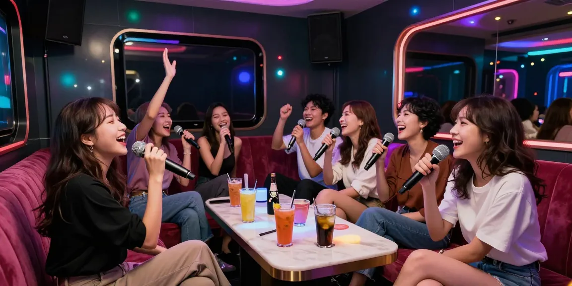A lively Gangnam karaoke experience showcasing friends singing joyfully in a luxurious setting.