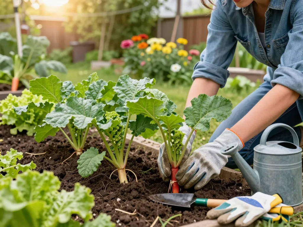 Gardener planting rabarber planten in rich soil, surrounded by gardening tools and vibrant foliage.