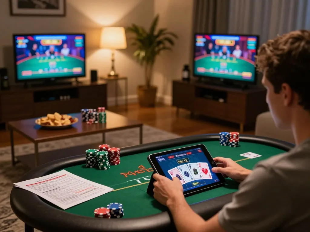 Player enjoying MMOO online poker game experience from a cozy home setup with engaging visuals.