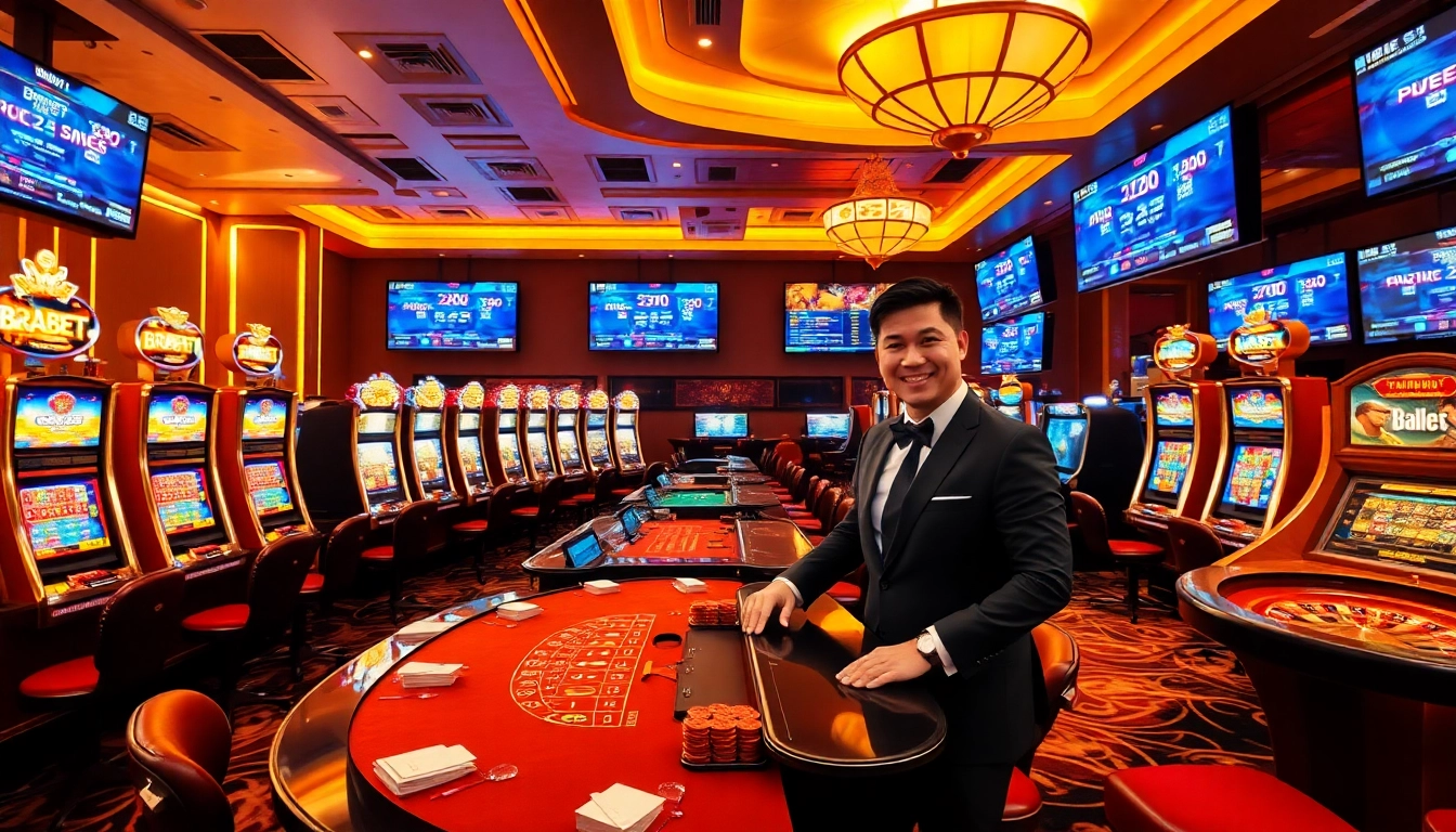 Players engaging in thrilling gambling action at BRABET, featuring vibrant slot machines and professional dealers.