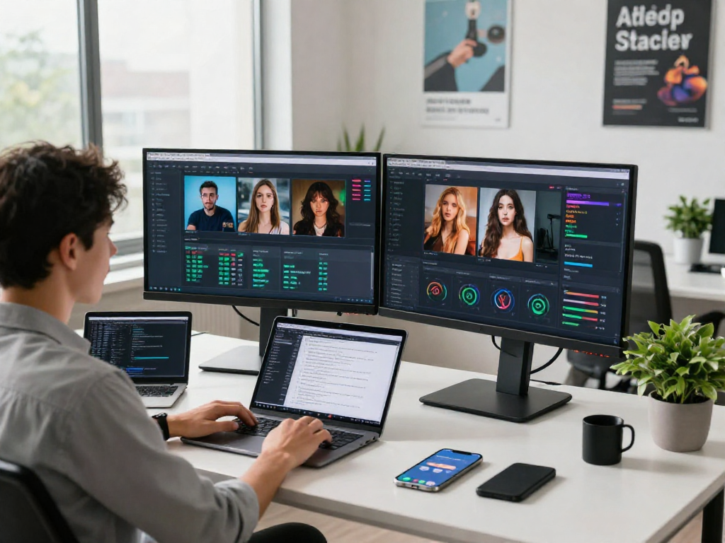 Data analyst utilizing an ai image detector in a modern workspace with vibrant data visualizations.