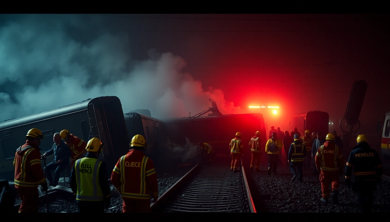 Emergency responders working at the scene of a spain train crash, conveying urgency and chaos.