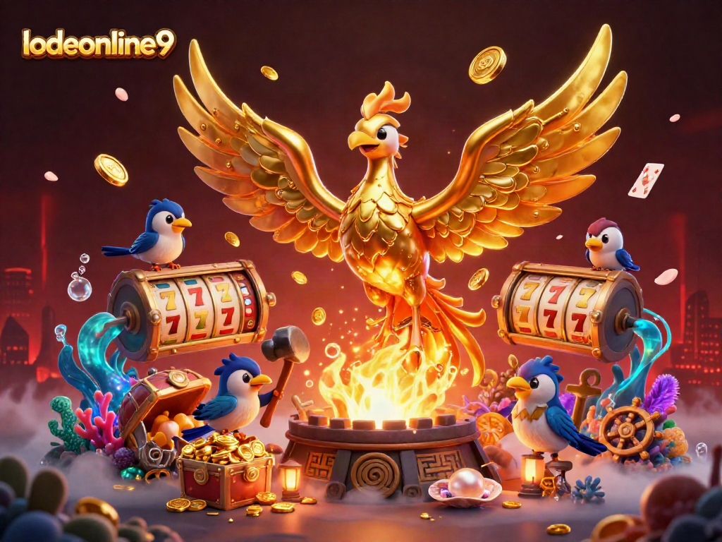 Experience dynamic play with lodeonline9 featuring a golden phoenix, immersive gambling elements, and captivating treasures.