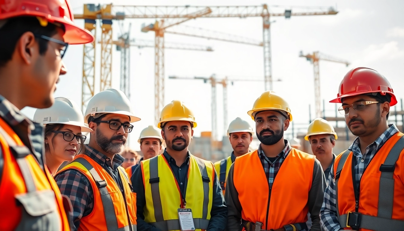 Workers participating in construction safety training, showcasing teamwork and safety measures.