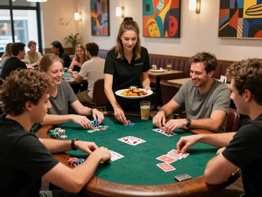 Exciting poker games at Pokerseri restaurant with players enjoying food and drinks.