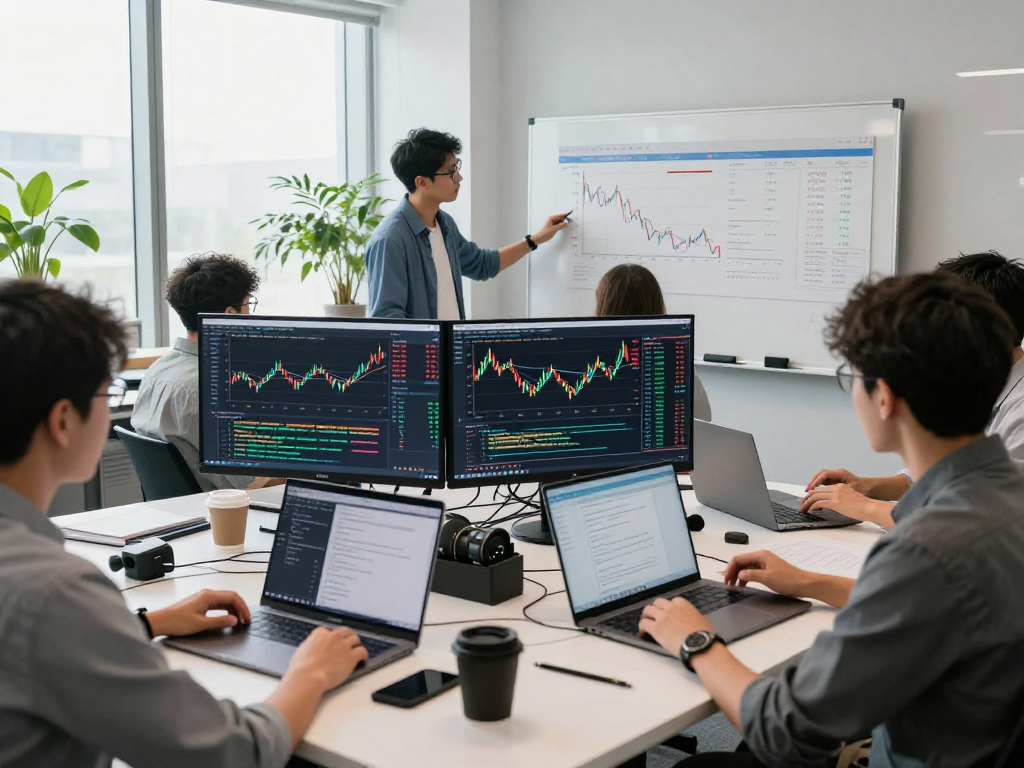Developers analyzing historical Kline data API in a modern tech workspace with dual monitors.