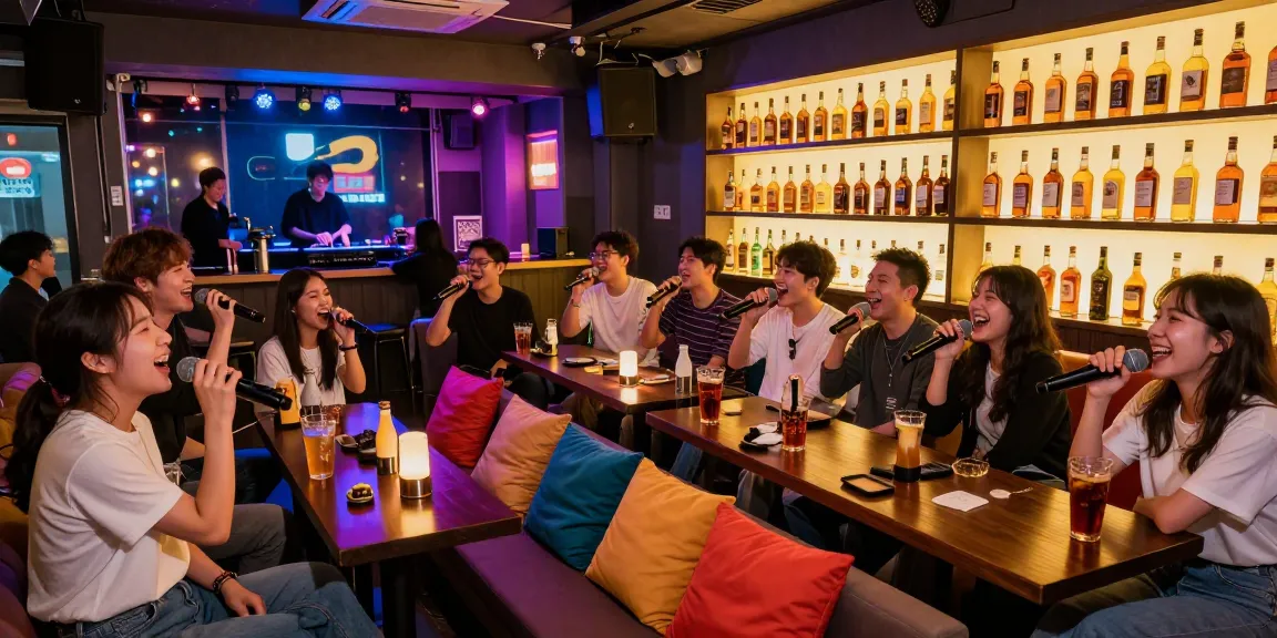 Enjoying 제주유흥 at a lively karaoke bar, friends singing and celebrating with whiskey.