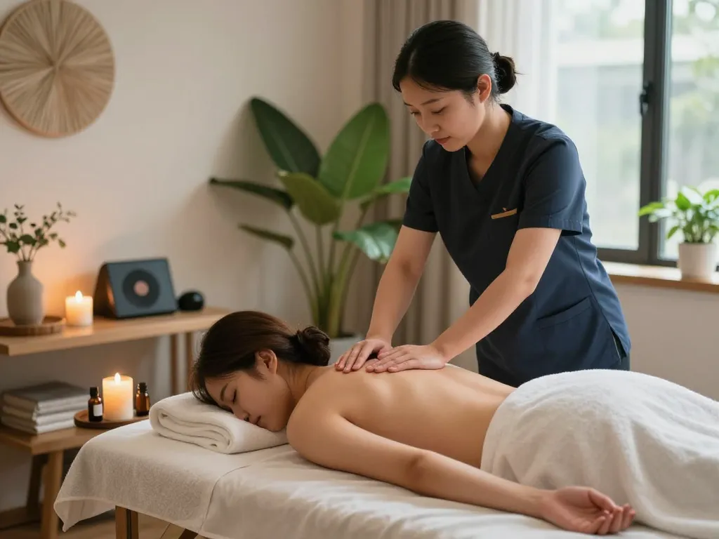 Relaxing 부전동마사지 experience in a tranquil therapy studio with calming decor.