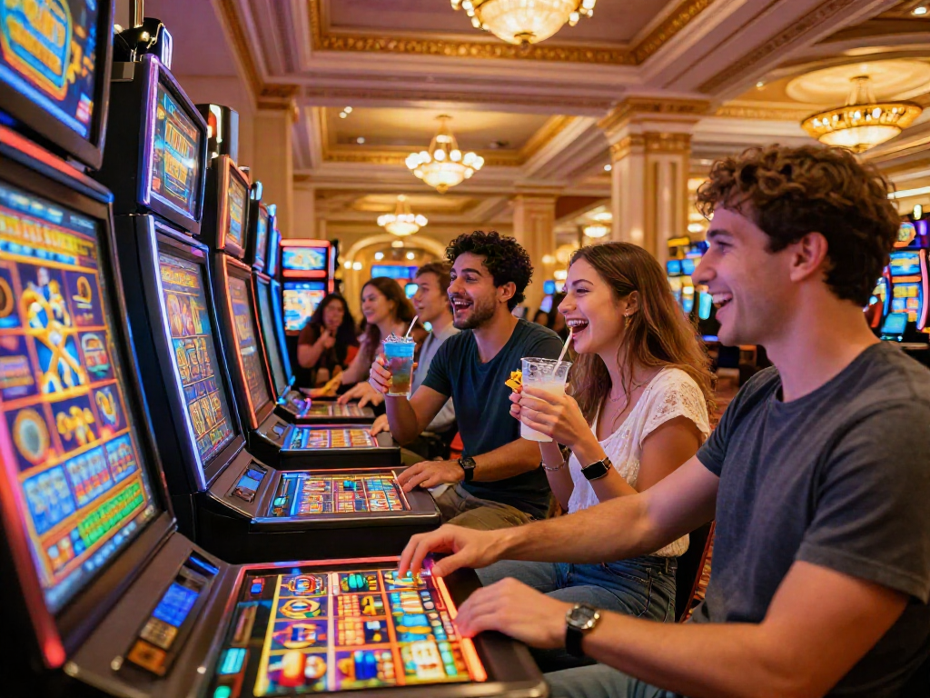 Engaging travelers joyfully discussing their experiences at a vibrant casino featuring exciting slot luar negeri machines.