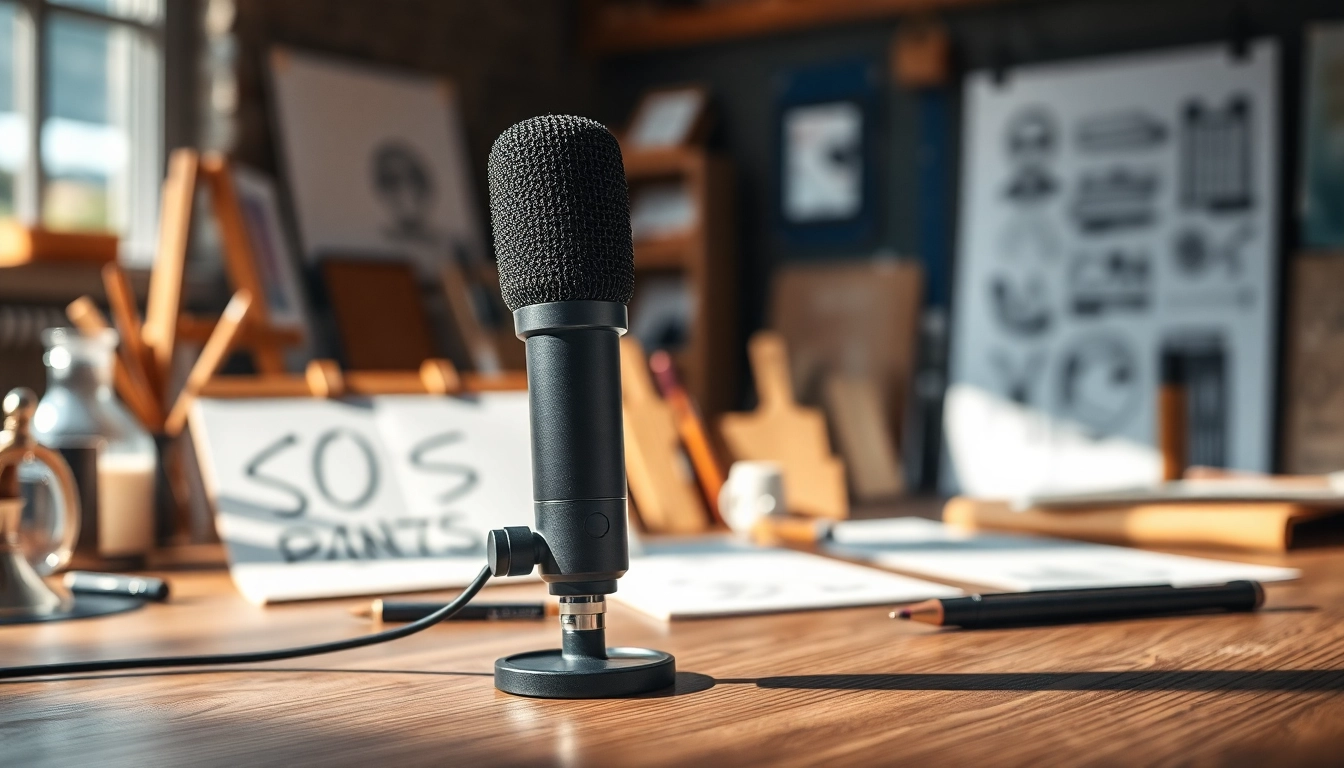 Capture the MV88 microphone prominently displayed on a wooden desk amidst creative tools.