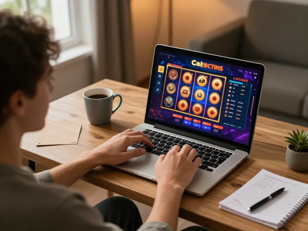 Engaging scene of a player enjoying betbet online casino on laptop with warm lighting.