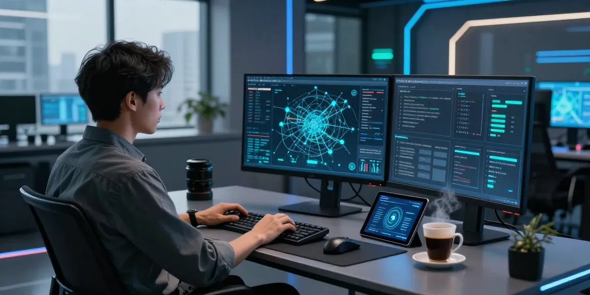 Cybersecurity analyst at a high-tech workspace monitoring threats on multiple screens at https://shs-dome5.com/.