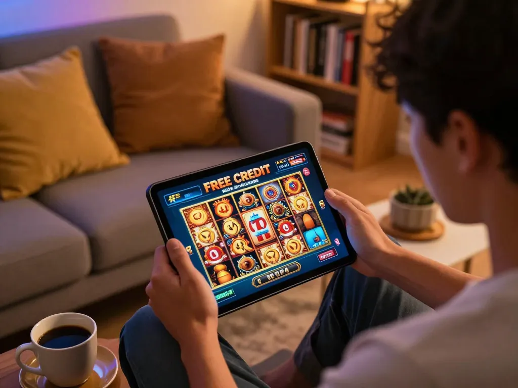 Engaging in link free credit slot Malaysia games on a tablet, capturing excitement in a cozy home gaming scene.