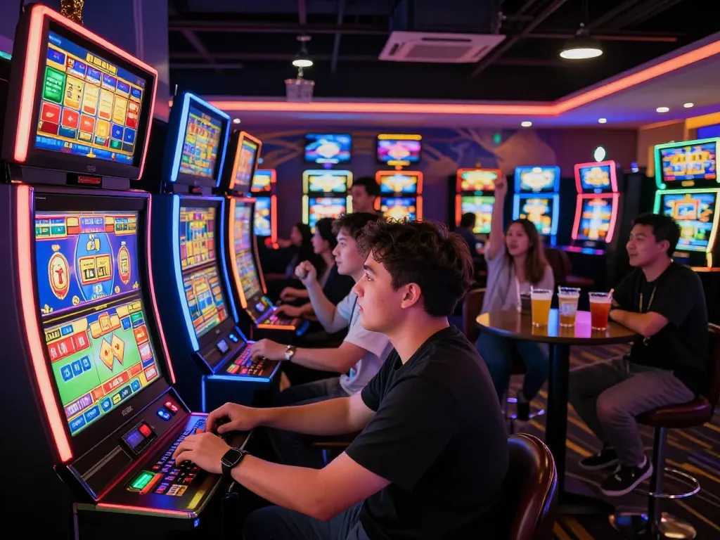 Exciting gaming lounge scene highlighting wraungtoto slot machines with players engaged.