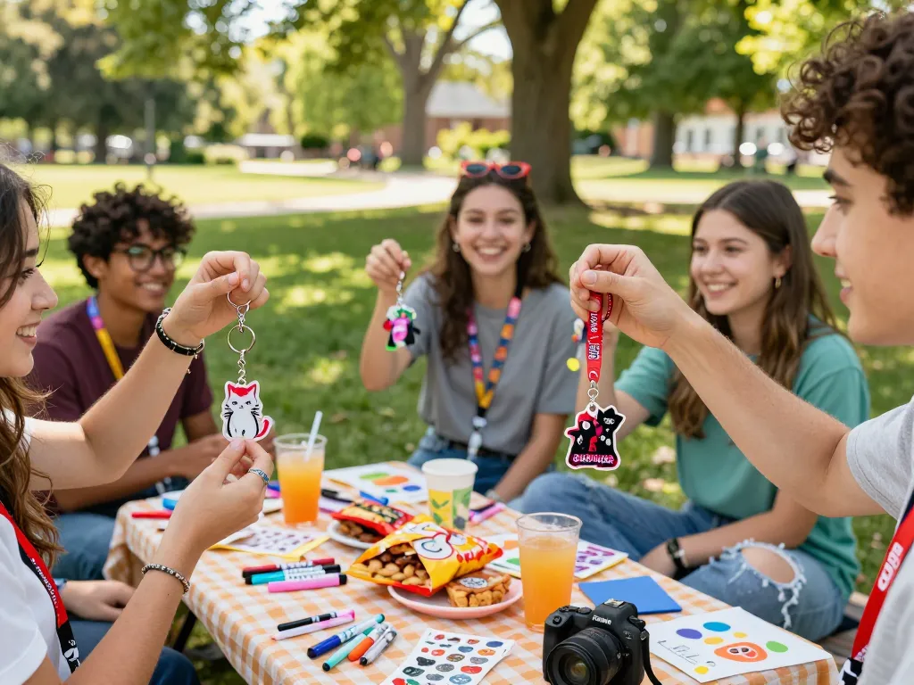 Friends showcasing custom keychains at a sunny outdoor gathering, highlighting unique designs and creativity.