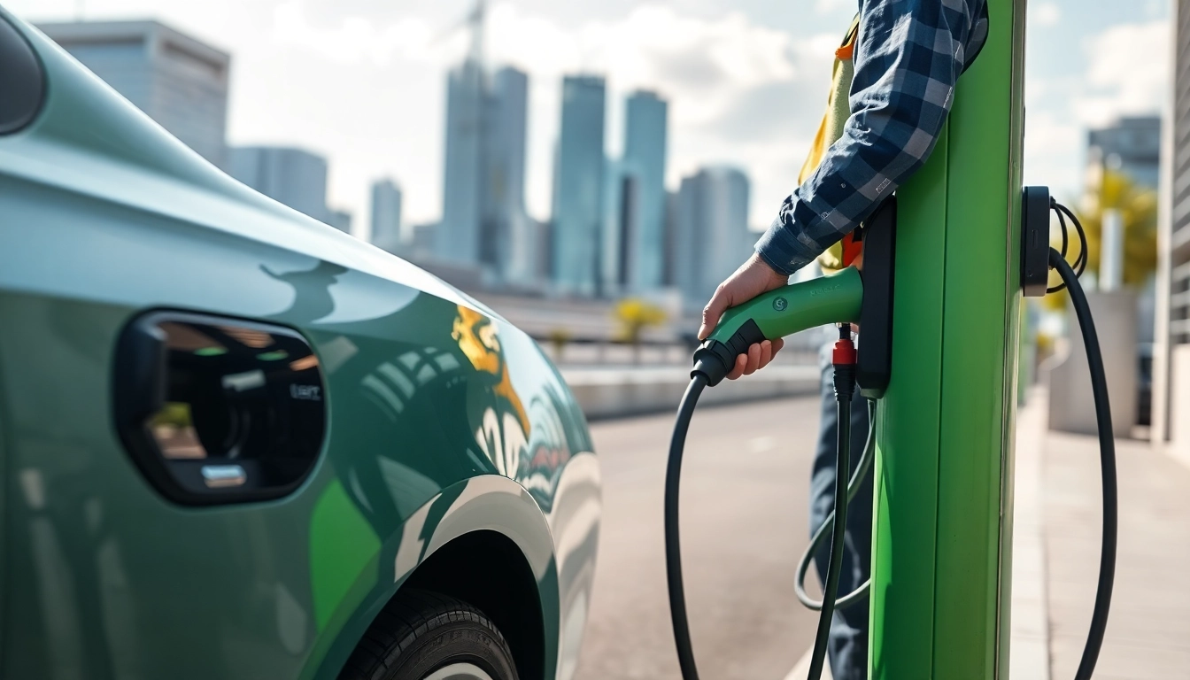 EV Charging Installation with a technician working in an urban environment, showcasing modern electric infrastructure.