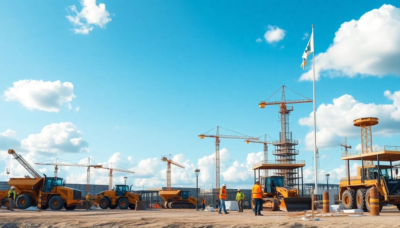 Workers engaged in Texas construction news activities at a bustling site, showcasing machinery and teamwork.