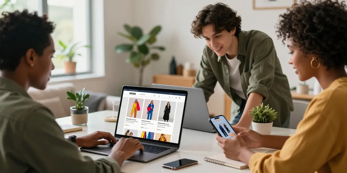 Engaging e-commerce shopping scene showcasing individuals exploring stylish fashion options at https://shs-dome5.com/ in a modern living space.