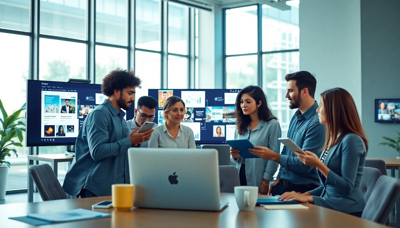 Engaging social media marketing services in a collaborative office environment.