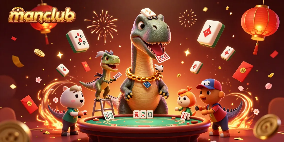 Experience thrilling gameplay at manclub with a massive dinosaur towering over a lively poker scene.