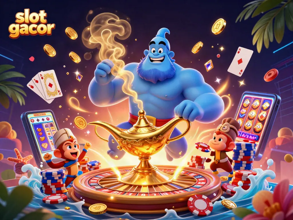 Slot gacor menampilkan genie dan koin emas, simbol perjudian yang menang.