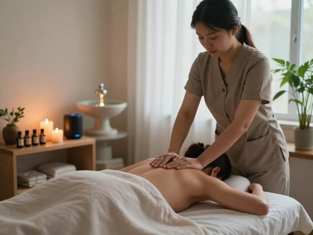Relaxing Swedish massage session with a professional therapist, 마사지 techniques in a serene spa.