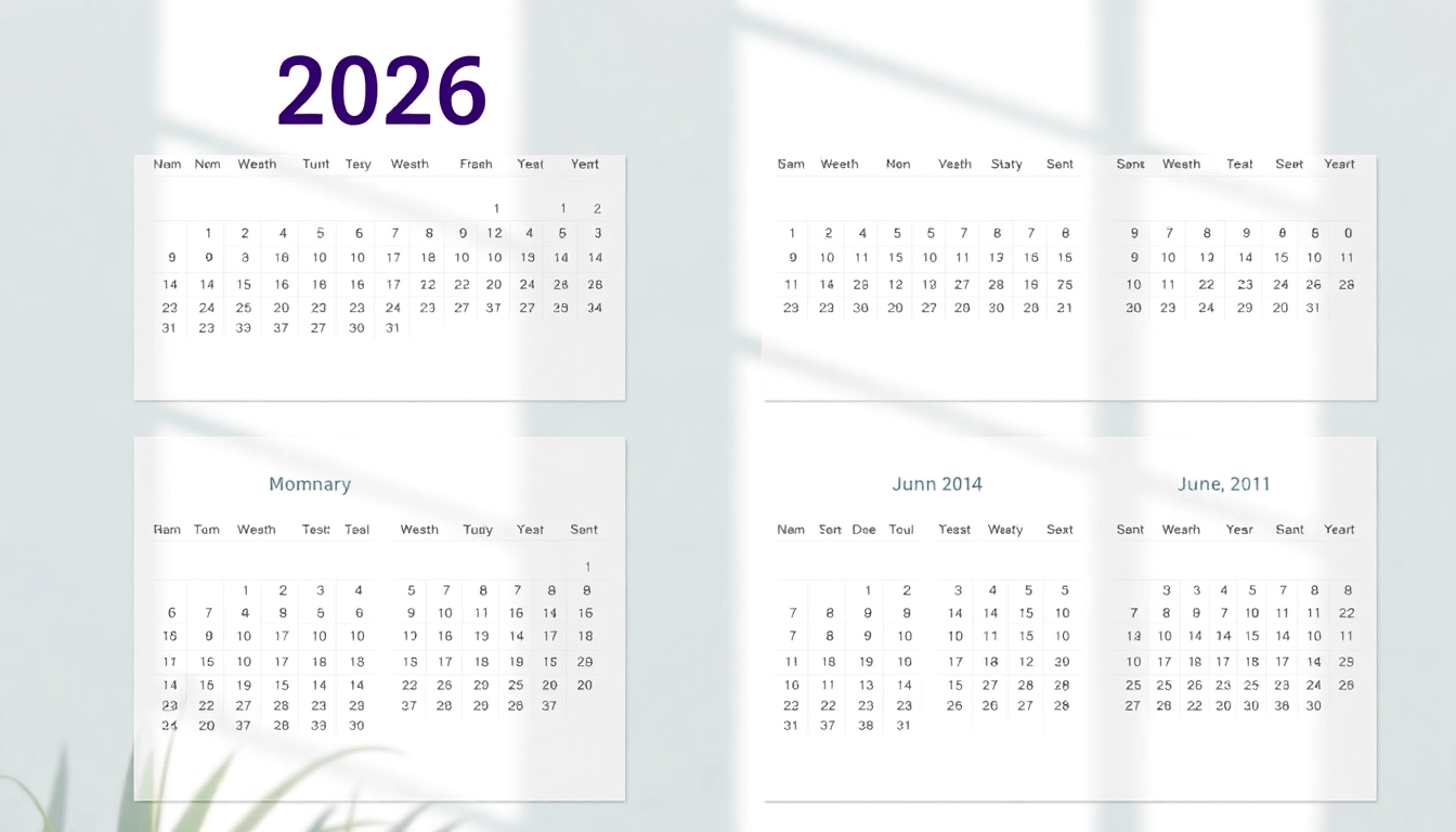 Printable calendar 2026 design featuring vibrant colors and organized monthly layouts.