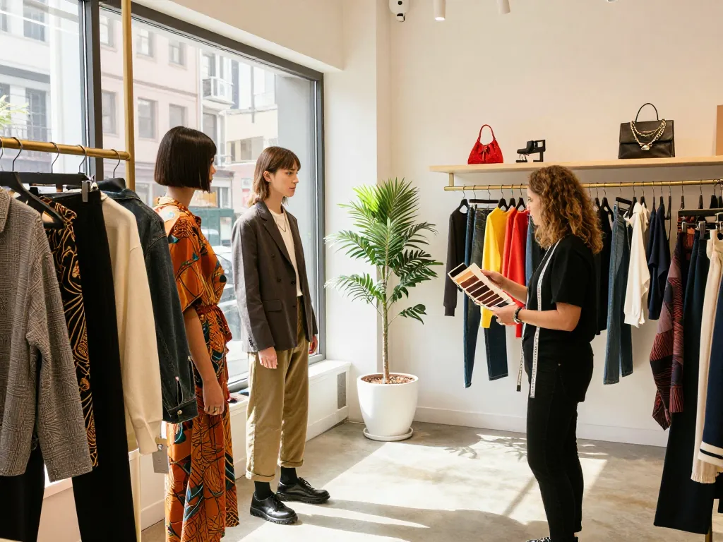 Shopping for 레플리카 fashion in a trendy boutique with stylish outfits and accessories.