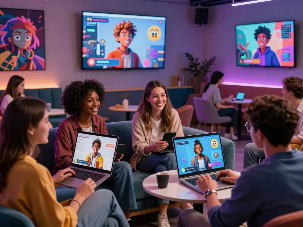 Users enjoying interactive crushon AI chats in a vibrant tech lounge.