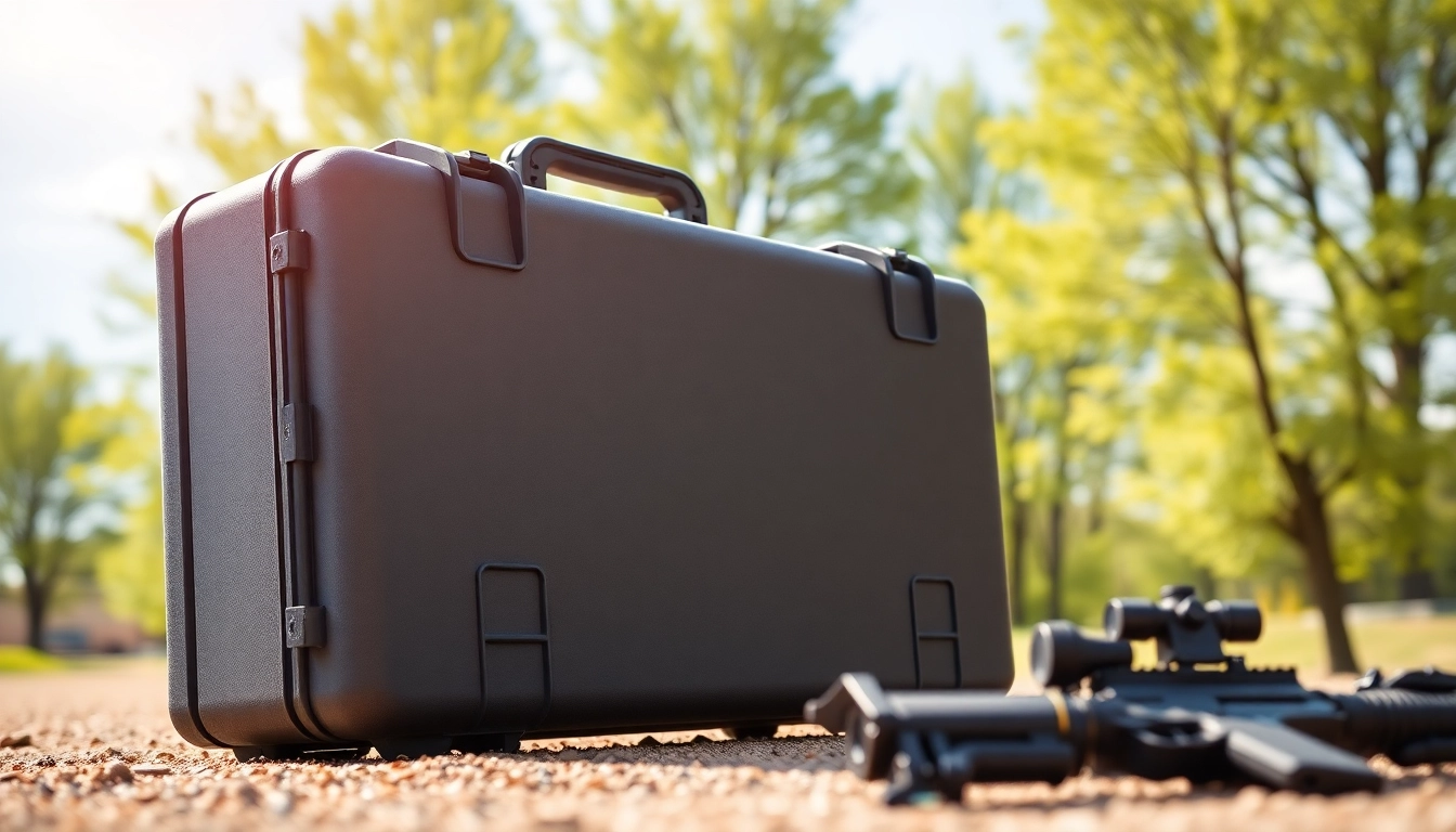 Showcasing a pelican rifle case in a natural shooting range environment, highlighting its robust features.