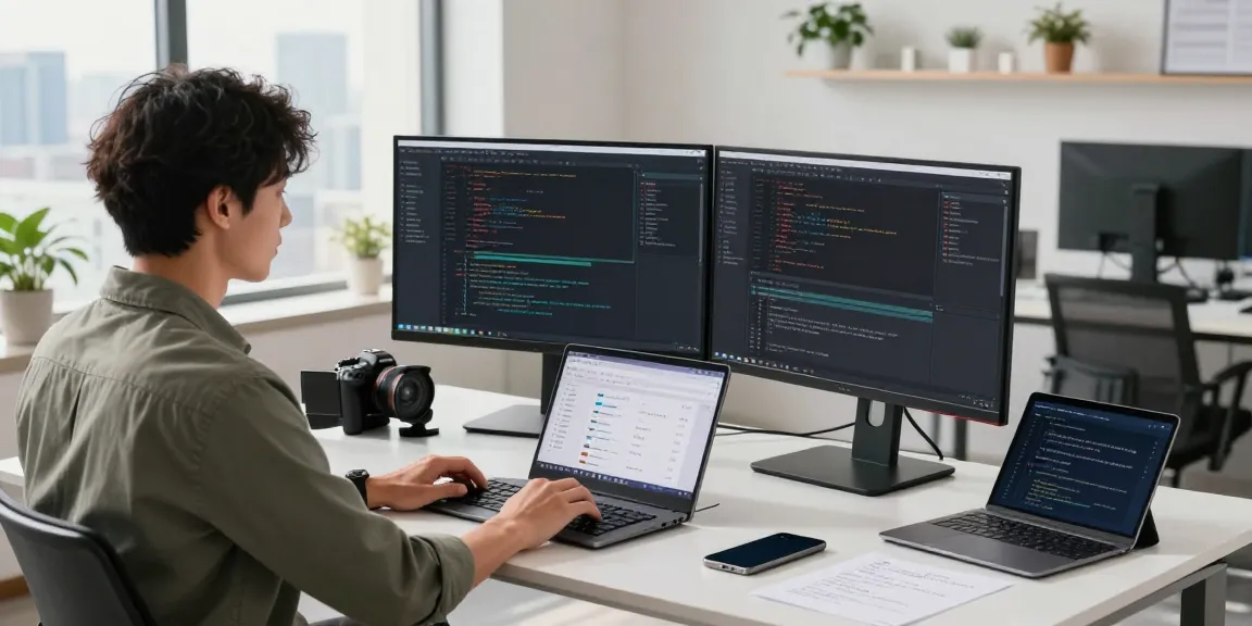 Workspace scene showcasing a developer coding on screens at 纸飞机中文版官网.