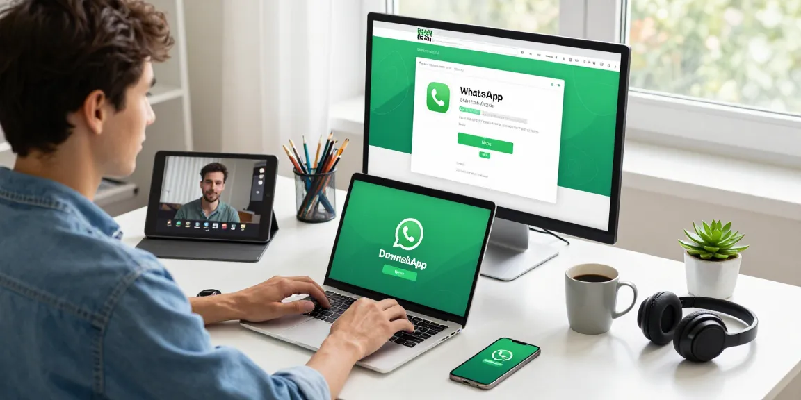 Young adult downloading WhatsApp on laptop in a modern home office setting. WhatsApp下載 in focus with tech gadgets around.