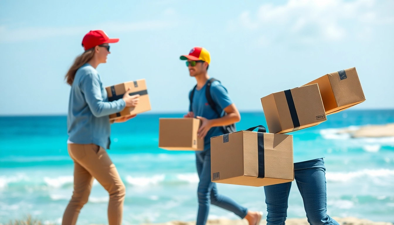 Showcasing coastal delivery in Canada, a delivery personnel with packages near the beach.