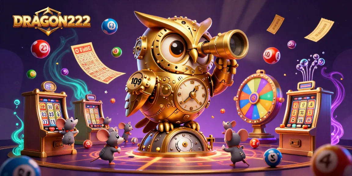 Engage with DRAGON222 as the golden owl surveys a vibrant casino, surrounded by dynamic gaming elements.