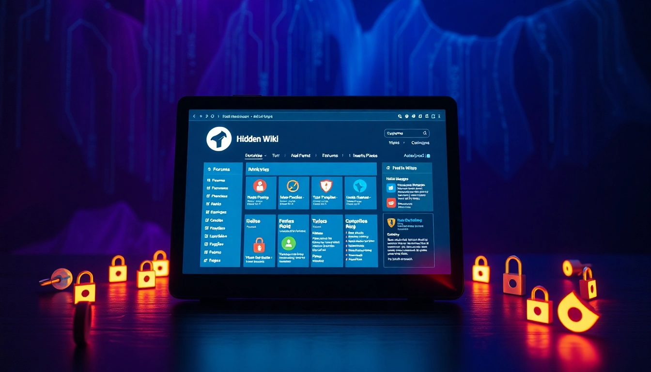 The Hidden Wiki interface illustrating dark web categories on a glowing screen in an enigmatic digital environment.