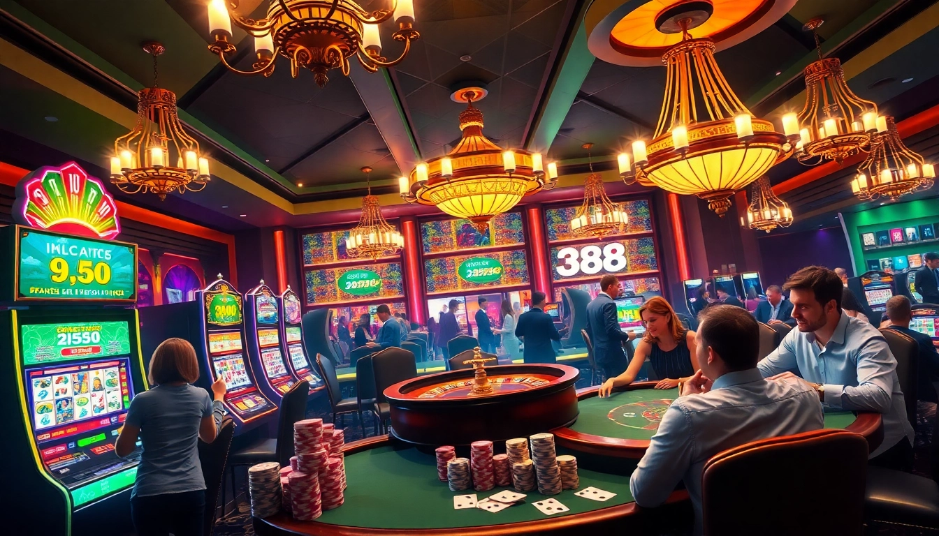 Experience the excitement of Jun88 with vibrant casino games and engaging players enjoying their time.