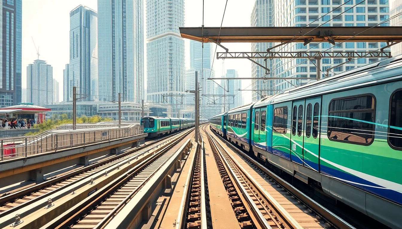 Depicting rail systems in action, modern trains glide through a vibrant urban landscape, showcasing efficiency.