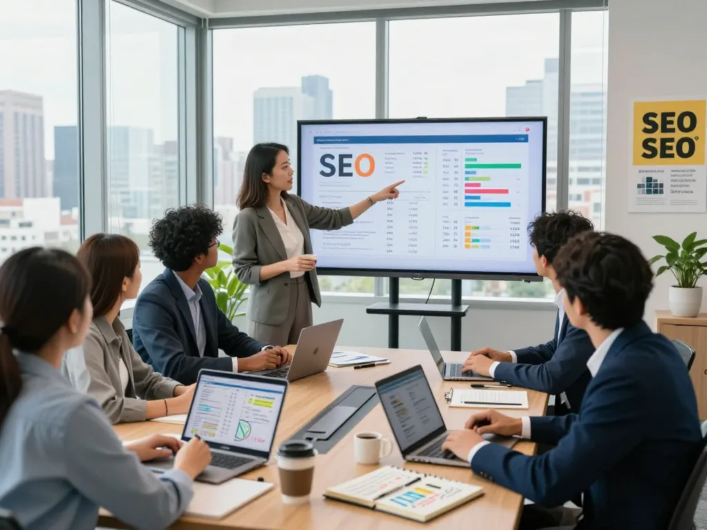 NYC SEO Company professionals collaborating in a modern office, analyzing data-driven strategies for effective marketing.