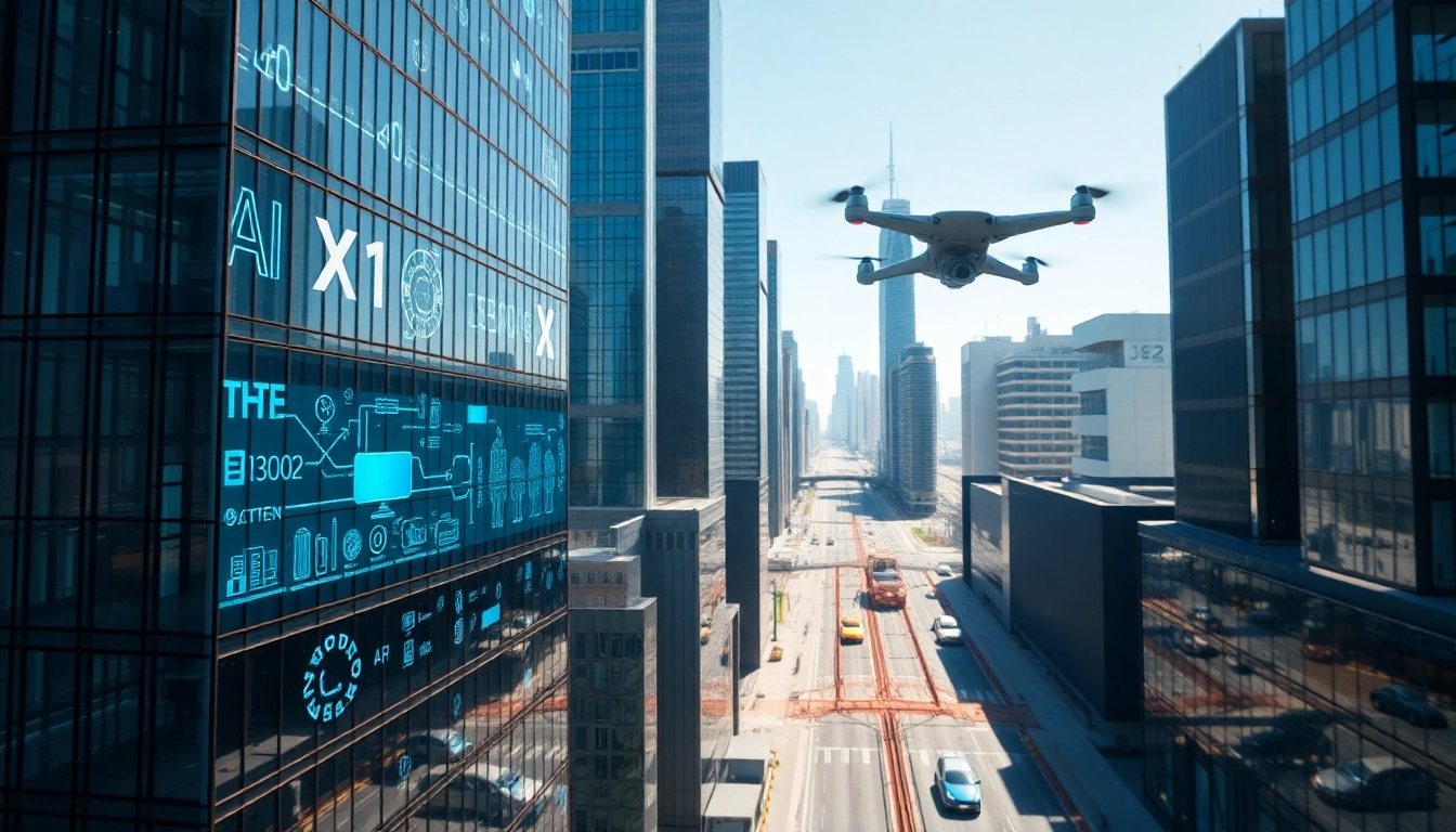 Showcasing advanced Technology in a futuristic cityscape with innovative gadgets and architecture.