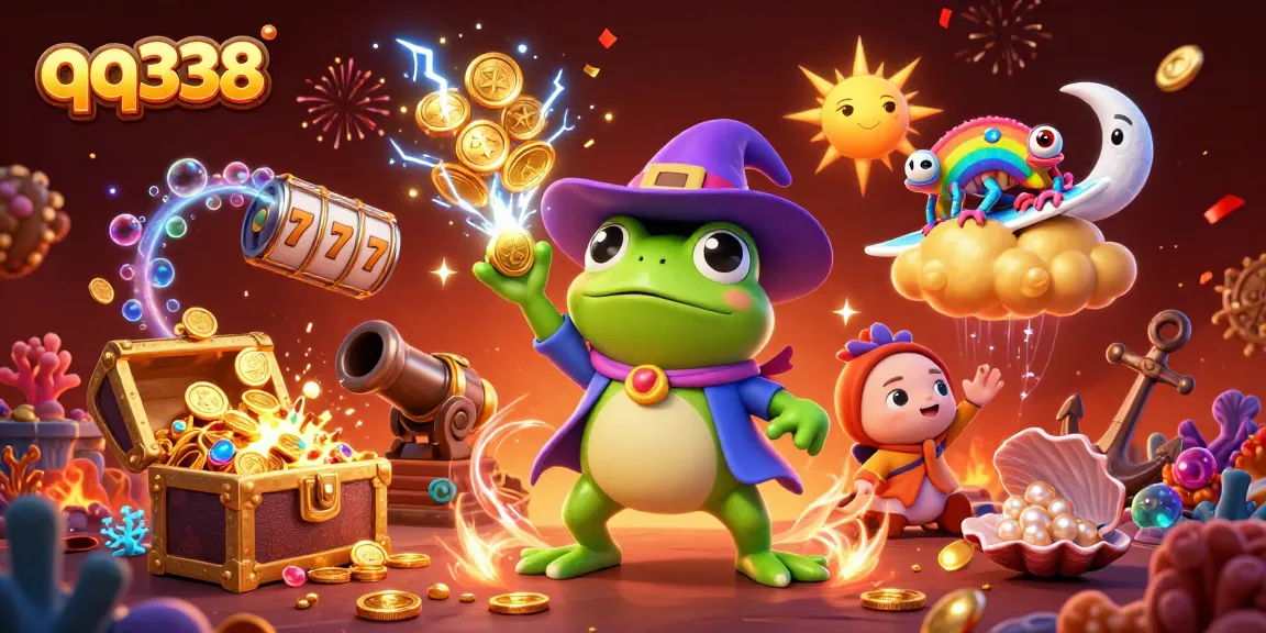 Engage with qq338 through a stunning 3D illustration of a wizard frog and chameleon amidst golden coins and gaming symbols.