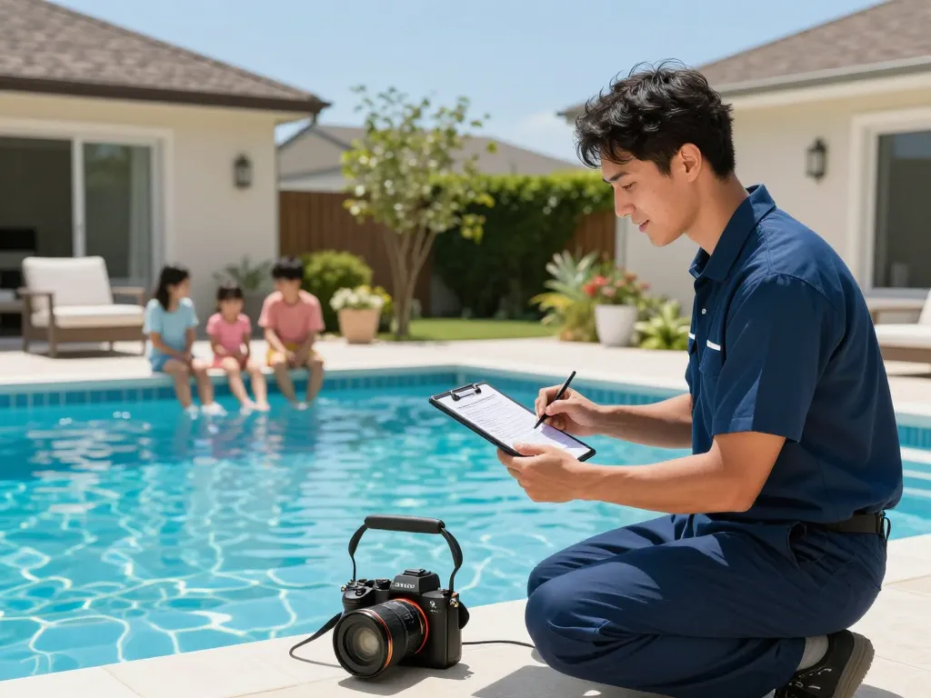 Dolphin Pool Services technician providing maintenance while family enjoys their pool under clear skies.