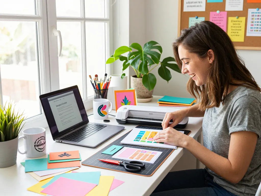 Cricut Design Studio app user creating vibrant crafts in a colorful home studio filled with tools and templates.