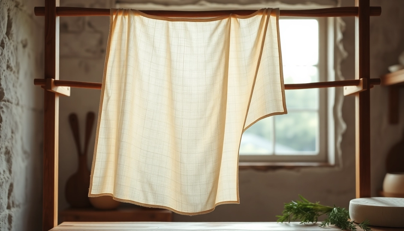 Kaasdoek hangt elegant in een rustieke keukenomgeving, met natuurlijke lichtinval.
