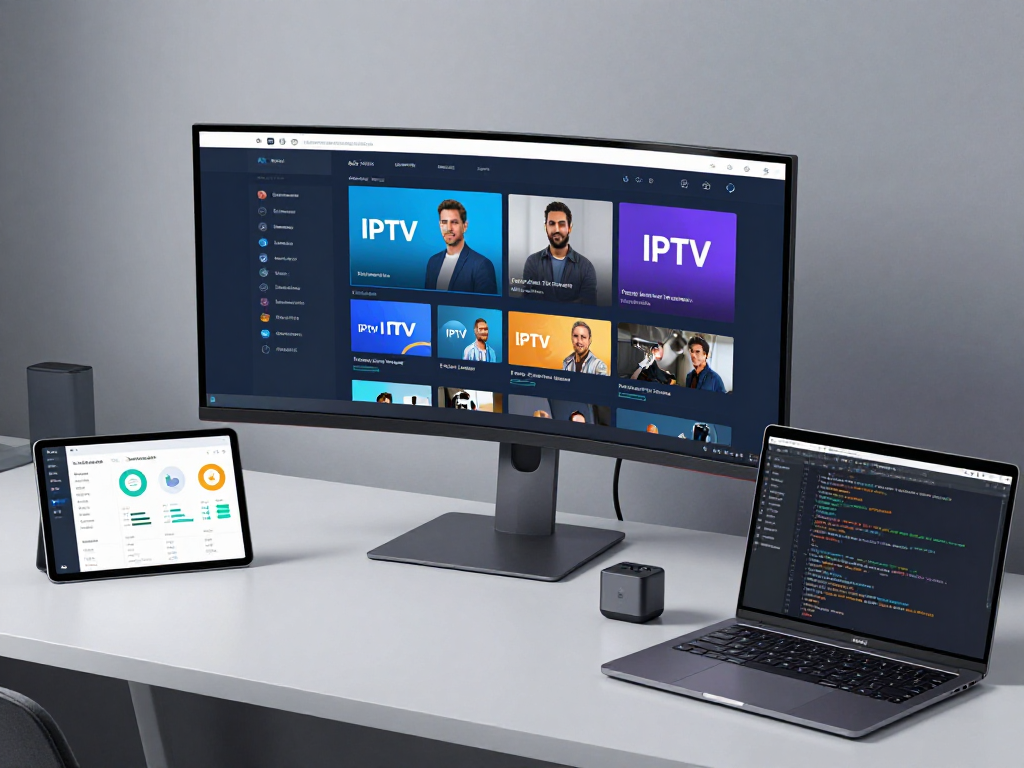 IPTV UK technology integration demonstrated in a developer workspace, showcasing software solutions, analytics, and user-friendly interfaces.