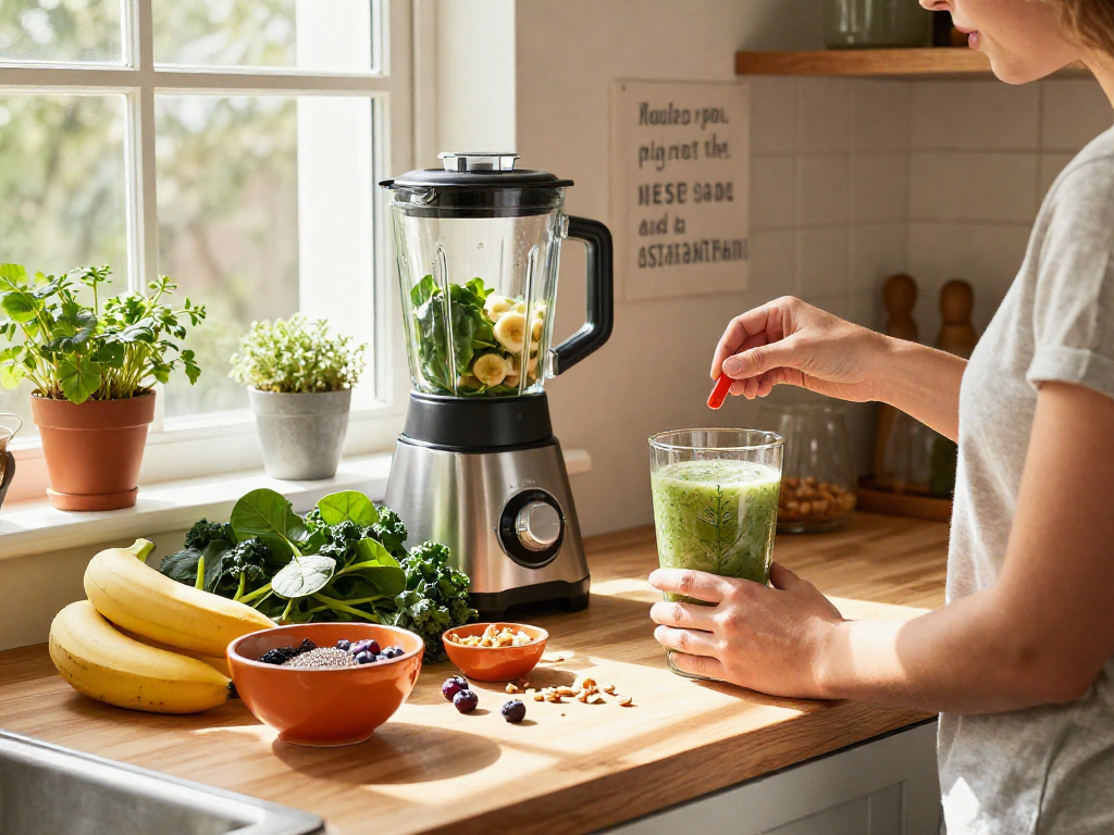 Preparing a vegan astaxanthin supplement smoothie in a bright kitchen.